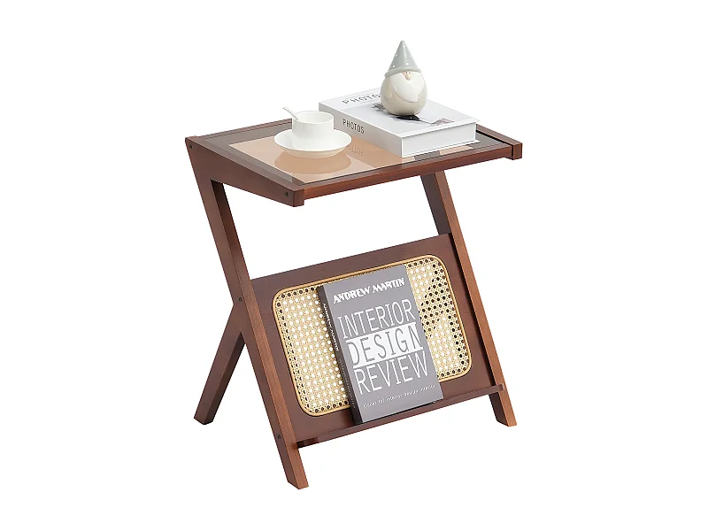 Table Basse en Rotin SucceBuy, Design à 1 Niveau en Forme de Z avec Plateau en Verre Trempé, Pieds en Bambou Naturel pour Salon, Chambre et Petits Espaces