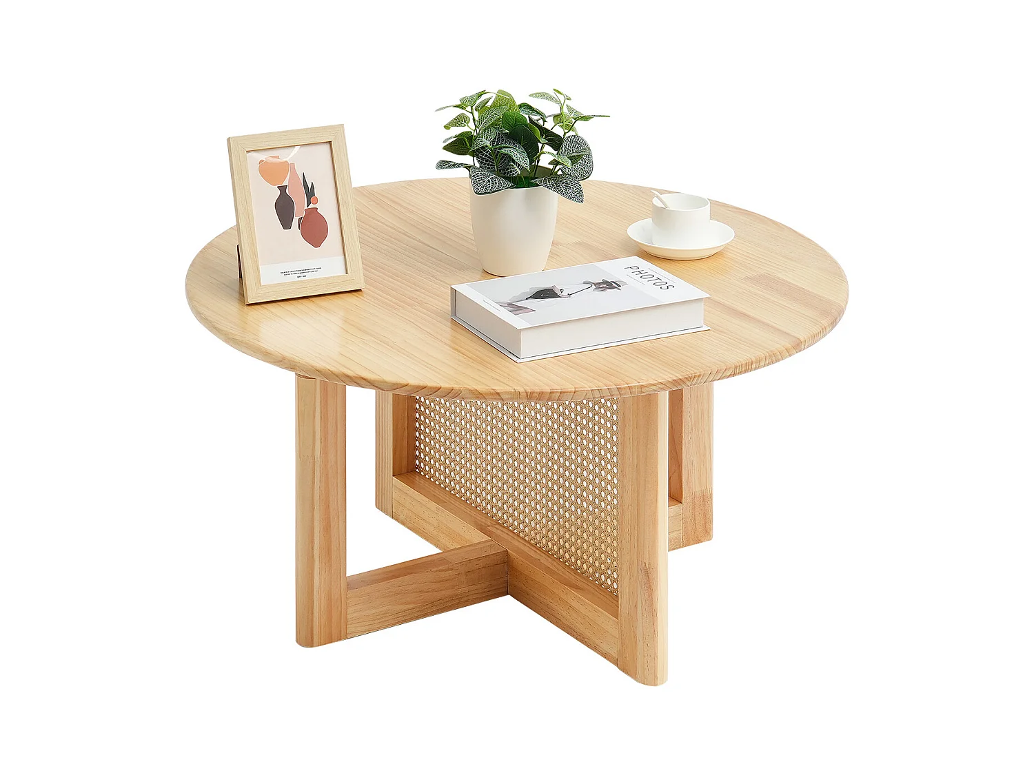 Table Basse Ronde en Rotin SucceBuy, Table en Bois à Un Seul Niveau, Rangement Circulaire Bohème Moderne pour Salon et Chambre à Coucher, Pieds en Bois Naturel