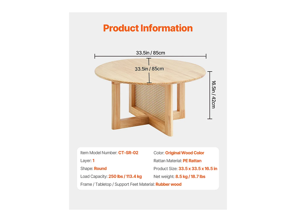 Table Basse Ronde en Rotin SucceBuy, Table en Bois à Un Seul Niveau, Rangement Circulaire Bohème Moderne pour Salon et Chambre à Coucher, Pieds en Bois Naturel