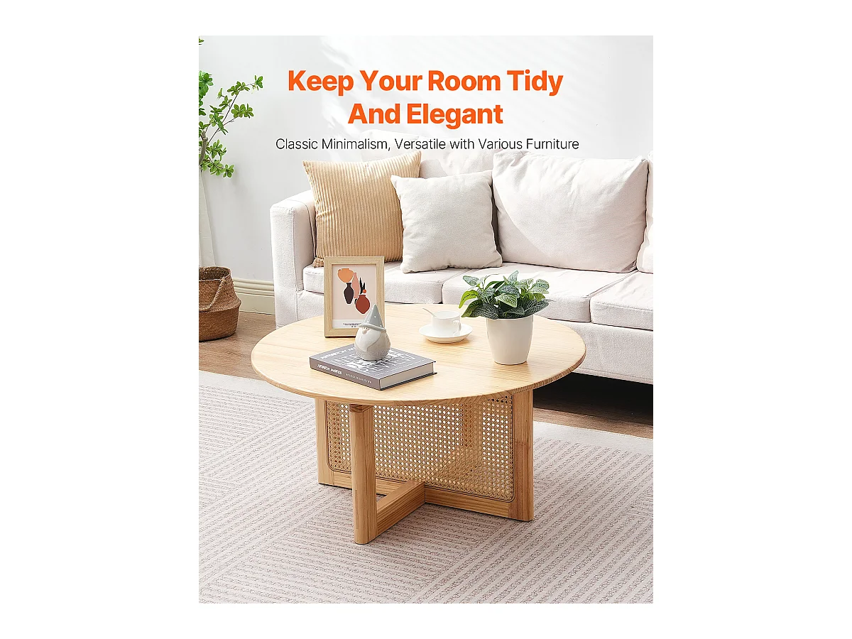 Table Basse Ronde en Rotin SucceBuy, Table en Bois à Un Seul Niveau, Rangement Circulaire Bohème Moderne pour Salon et Chambre à Coucher, Pieds en Bois Naturel