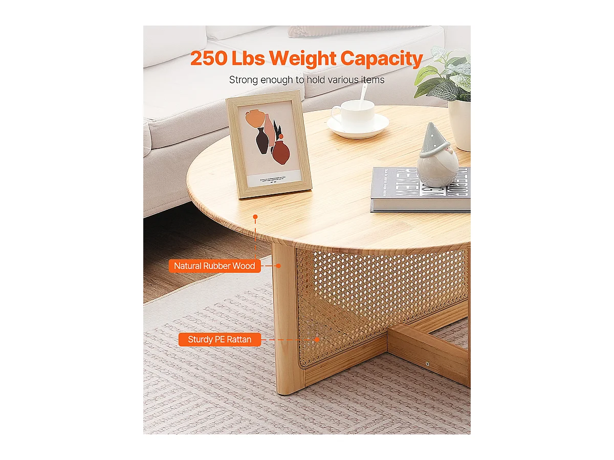 Table Basse Ronde en Rotin SucceBuy, Table en Bois à Un Seul Niveau, Rangement Circulaire Bohème Moderne pour Salon et Chambre à Coucher, Pieds en Bois Naturel