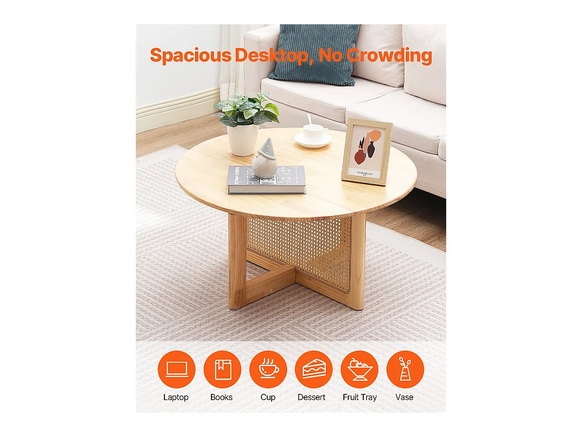 Table Basse Ronde en Rotin SucceBuy, Table en Bois à Un Seul Niveau, Rangement Circulaire Bohème Moderne pour Salon et Chambre à Coucher, Pieds en Bois Naturel