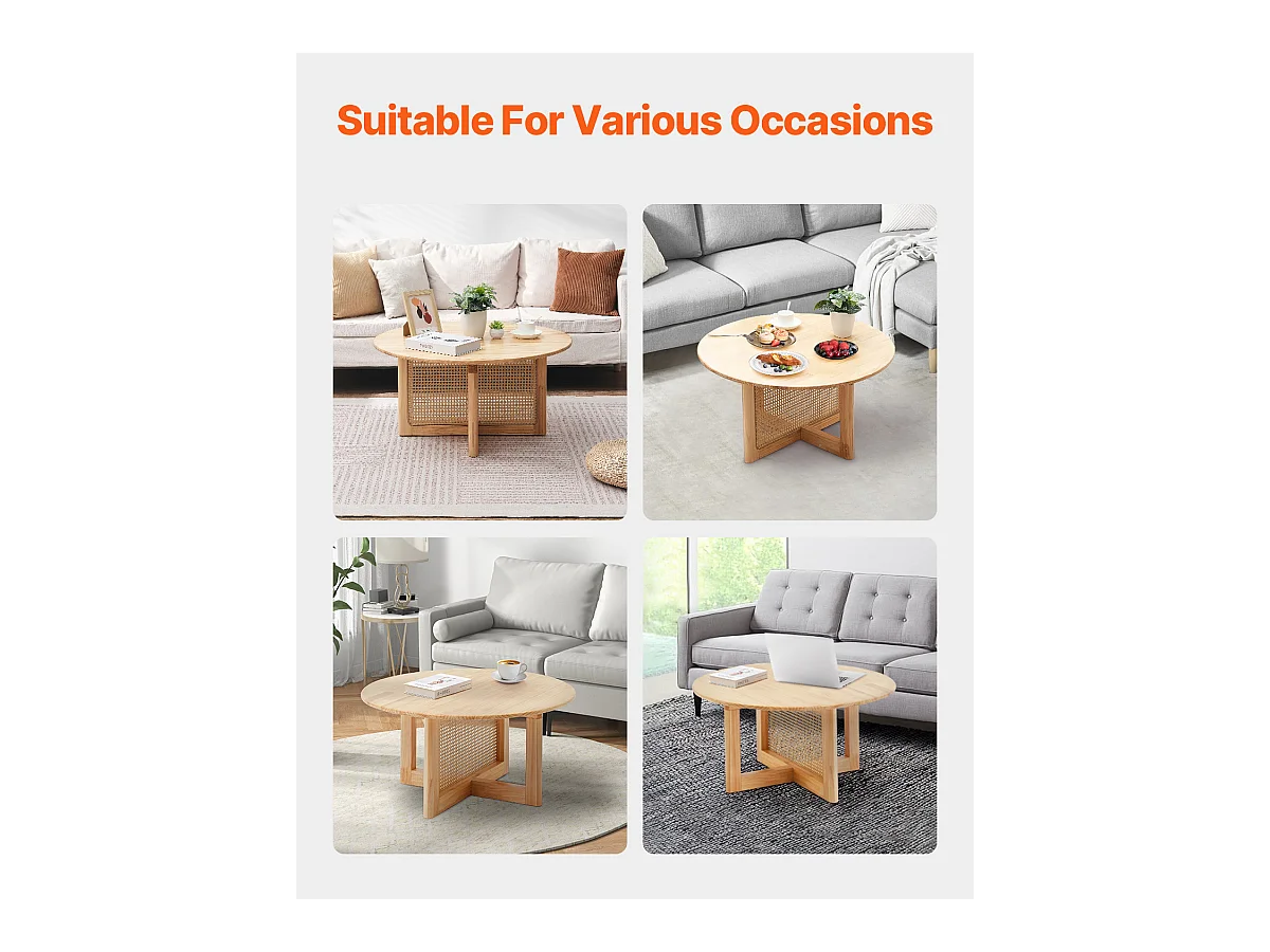 Table Basse Ronde en Rotin SucceBuy, Table en Bois à Un Seul Niveau, Rangement Circulaire Bohème Moderne pour Salon et Chambre à Coucher, Pieds en Bois Naturel