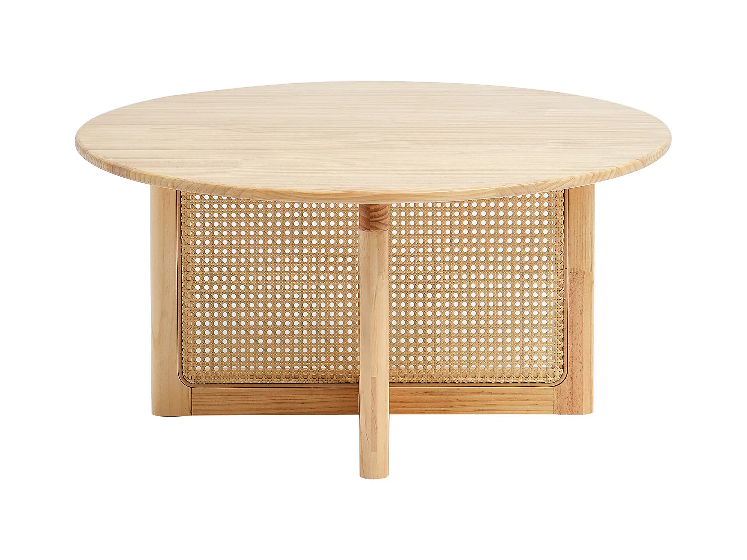 Table Basse Ronde en Rotin SucceBuy, Table en Bois à Un Seul Niveau, Rangement Circulaire Bohème Moderne pour Salon et Chambre à Coucher, Pieds en Bois Naturel