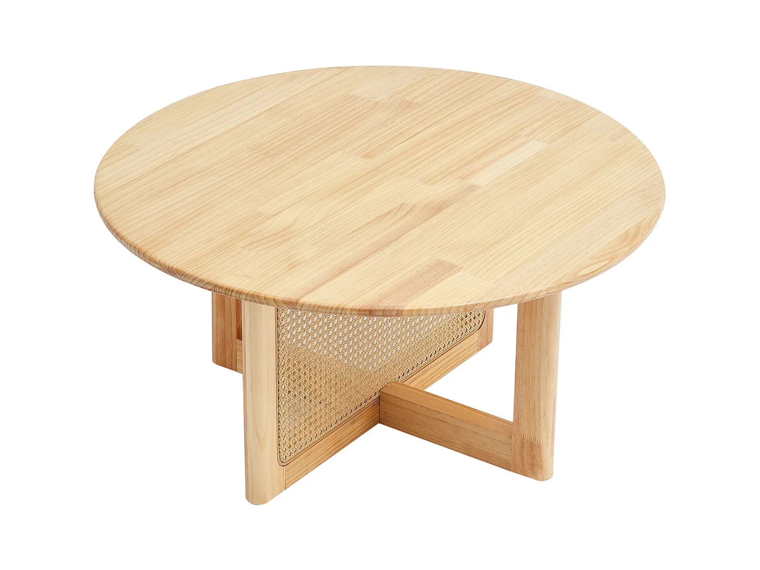 Table Basse Ronde en Rotin SucceBuy, Table en Bois à Un Seul Niveau, Rangement Circulaire Bohème Moderne pour Salon et Chambre à Coucher, Pieds en Bois Naturel