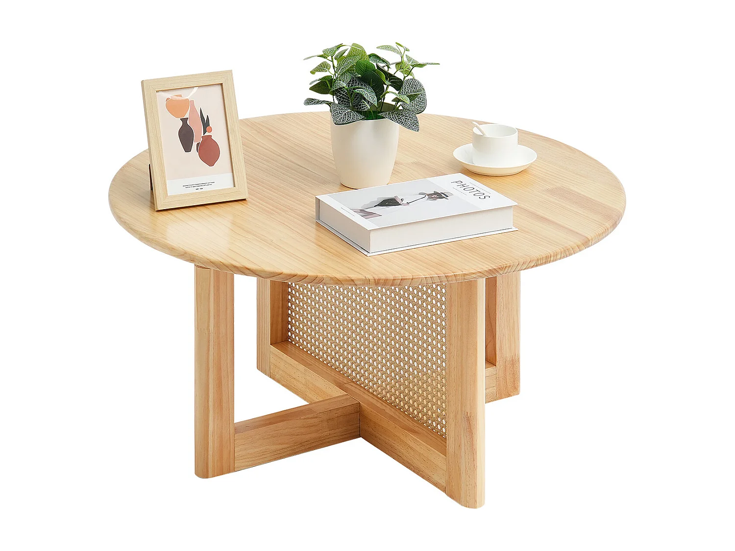 Table Basse Ronde en Rotin SucceBuy, Table en Bois à Un Seul Niveau, Rangement Circulaire Bohème Moderne pour Salon et Chambre à Coucher, Pieds en Bois Naturel