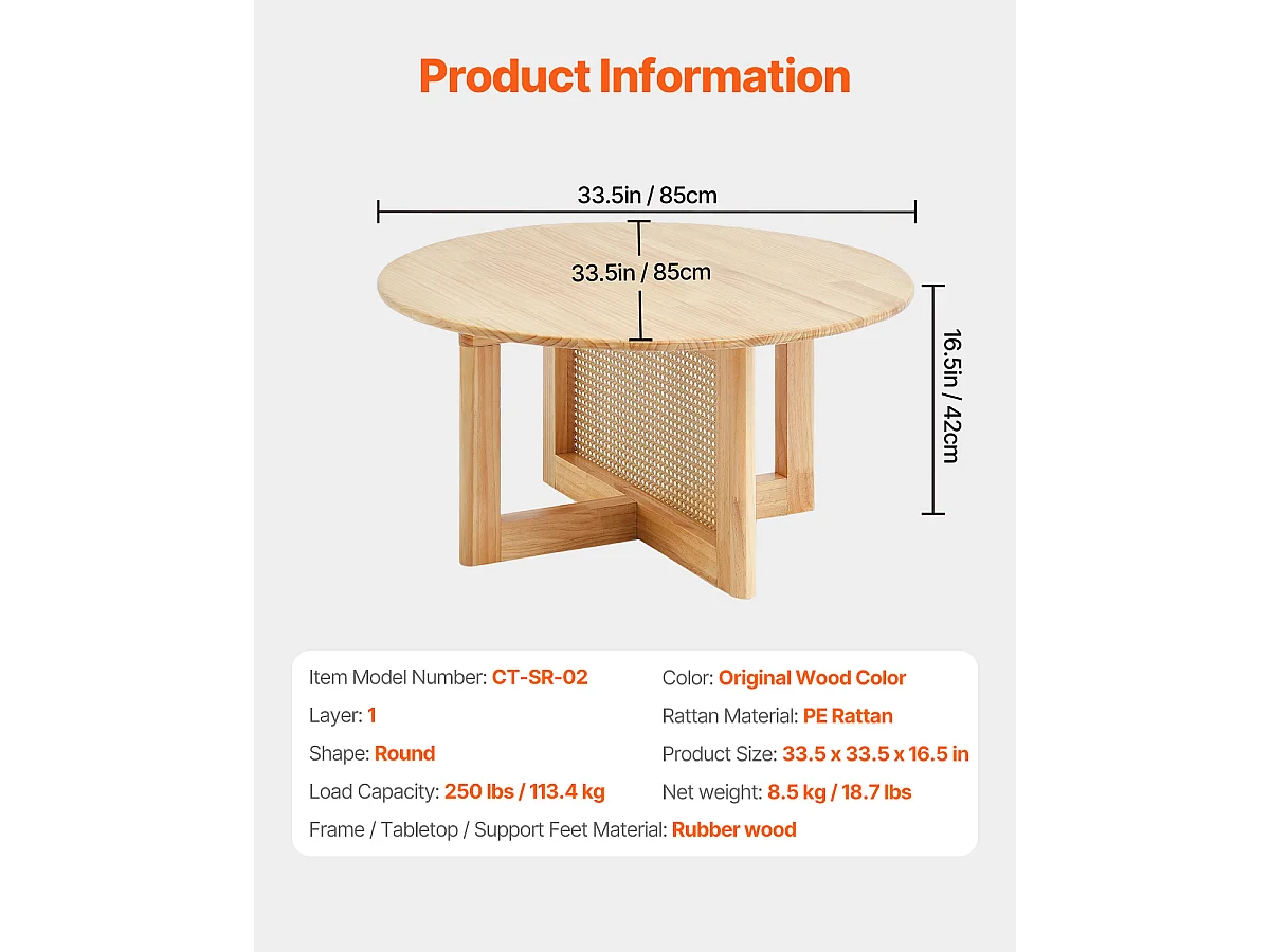 Table Basse Ronde en Rotin SucceBuy, Table en Bois à Un Seul Niveau, Rangement Circulaire Bohème Moderne pour Salon et Chambre à Coucher, Pieds en Bois Naturel