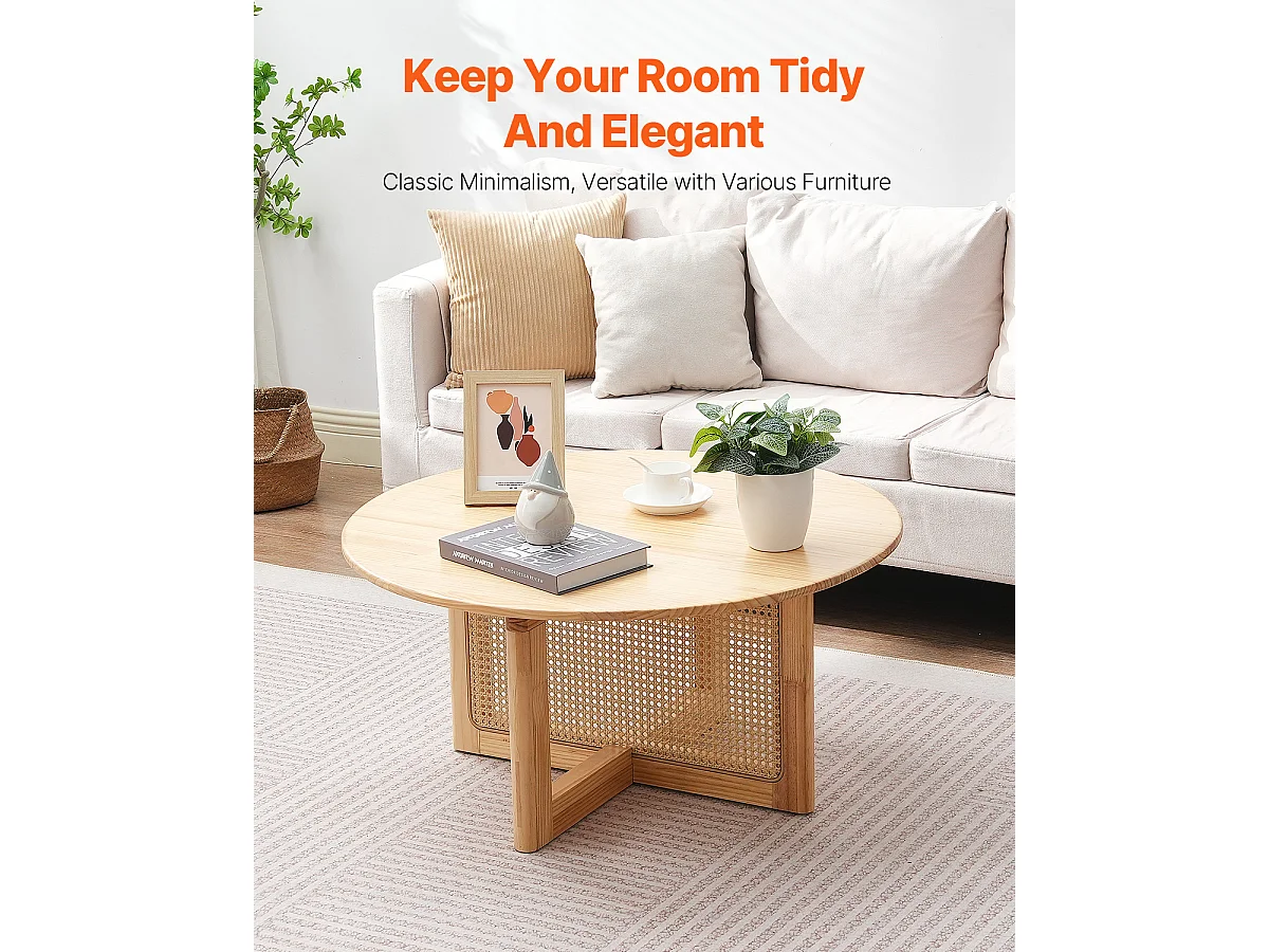 Table Basse Ronde en Rotin SucceBuy, Table en Bois à Un Seul Niveau, Rangement Circulaire Bohème Moderne pour Salon et Chambre à Coucher, Pieds en Bois Naturel