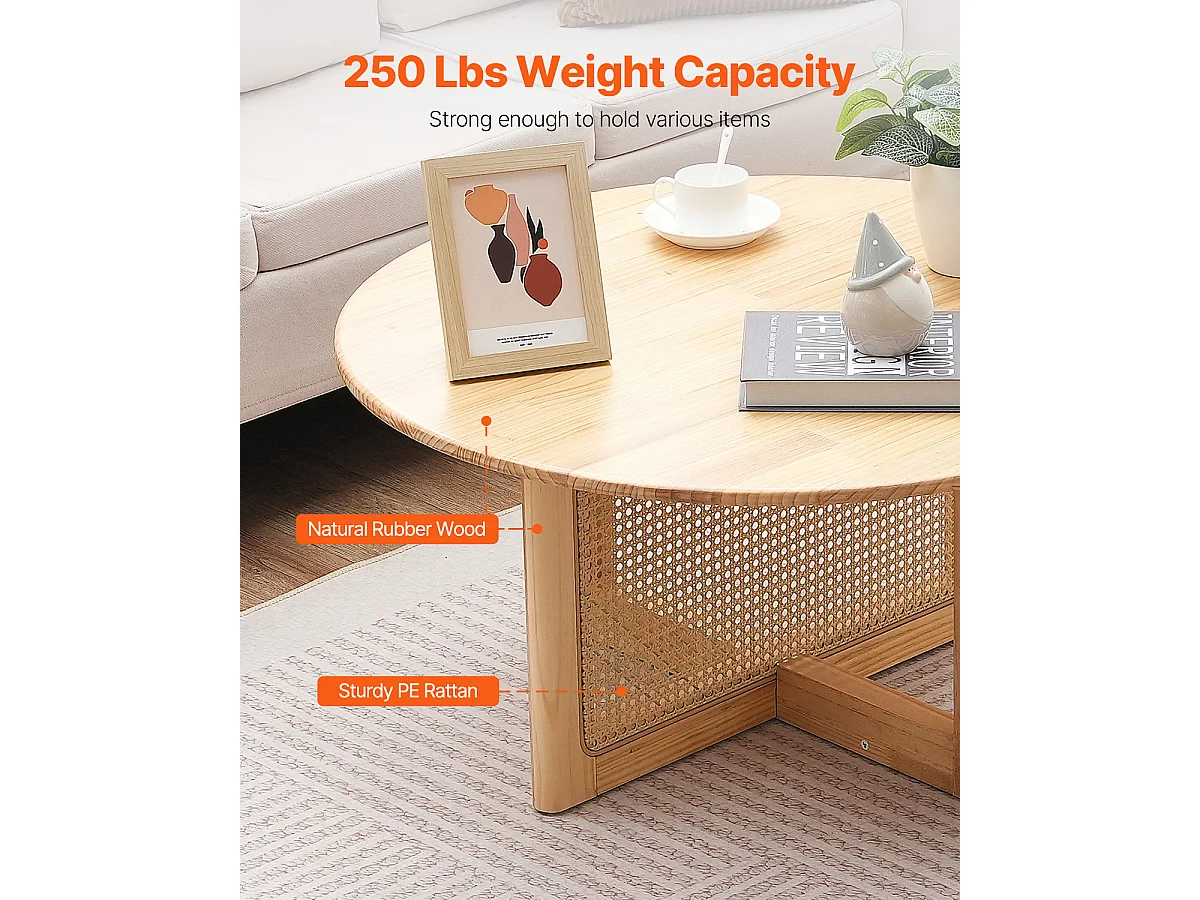 Table Basse Ronde en Rotin SucceBuy, Table en Bois à Un Seul Niveau, Rangement Circulaire Bohème Moderne pour Salon et Chambre à Coucher, Pieds en Bois Naturel