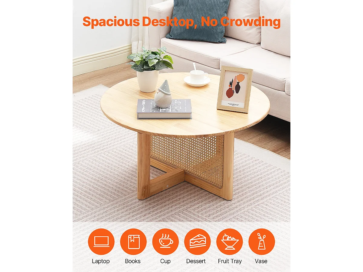 Table Basse Ronde en Rotin SucceBuy, Table en Bois à Un Seul Niveau, Rangement Circulaire Bohème Moderne pour Salon et Chambre à Coucher, Pieds en Bois Naturel