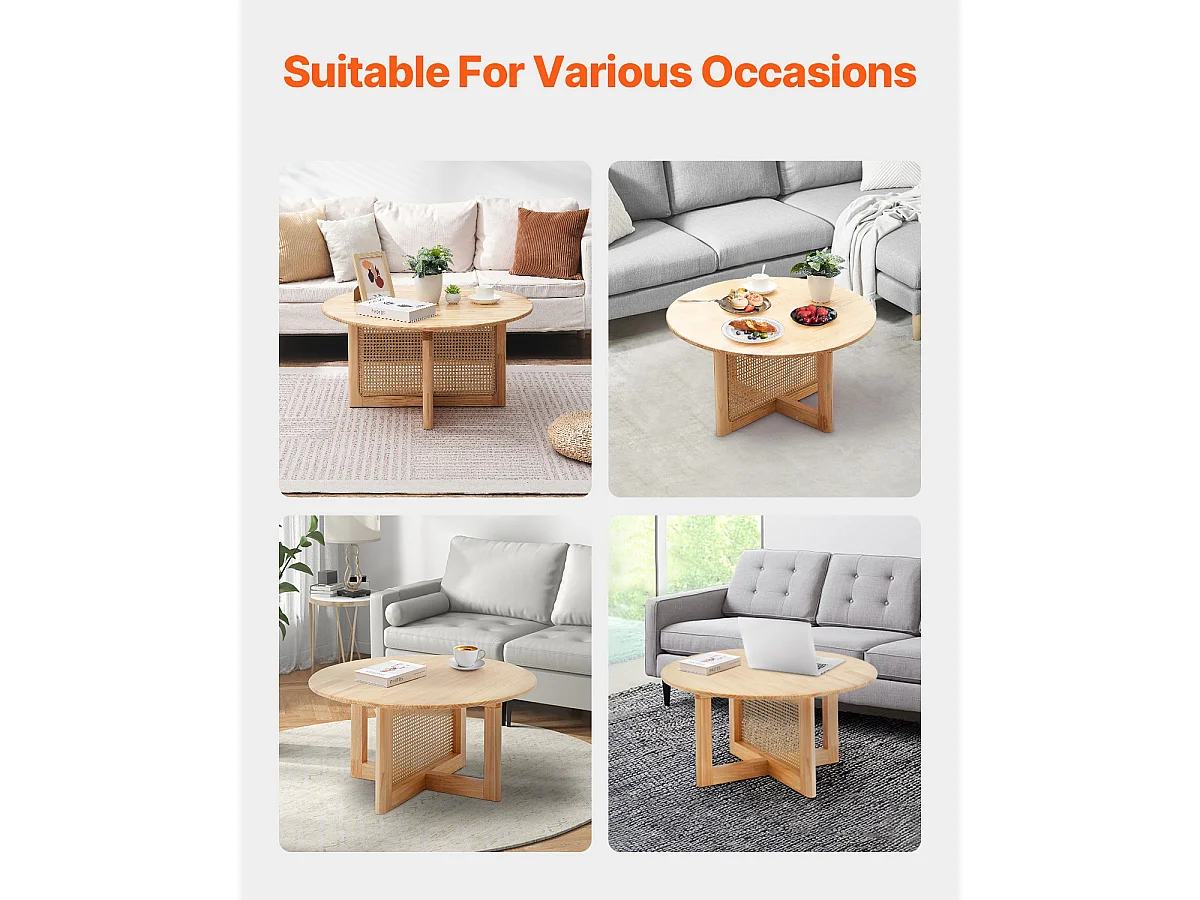 Table Basse Ronde en Rotin SucceBuy, Table en Bois à Un Seul Niveau, Rangement Circulaire Bohème Moderne pour Salon et Chambre à Coucher, Pieds en Bois Naturel