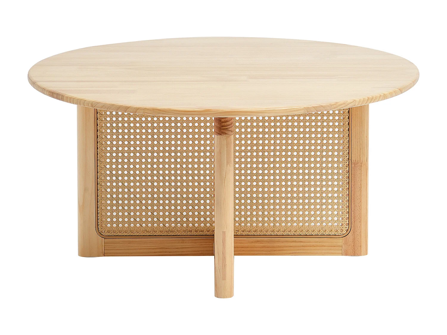 Table Basse Ronde en Rotin SucceBuy, Table en Bois à Un Seul Niveau, Rangement Circulaire Bohème Moderne pour Salon et Chambre à Coucher, Pieds en Bois Naturel