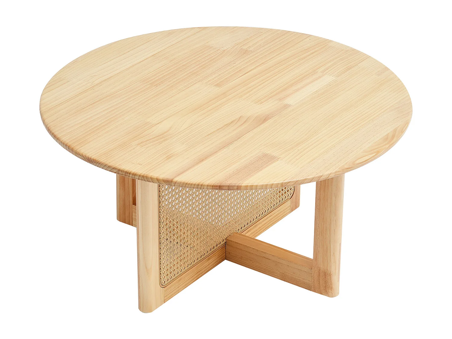 Table Basse Ronde en Rotin SucceBuy, Table en Bois à Un Seul Niveau, Rangement Circulaire Bohème Moderne pour Salon et Chambre à Coucher, Pieds en Bois Naturel