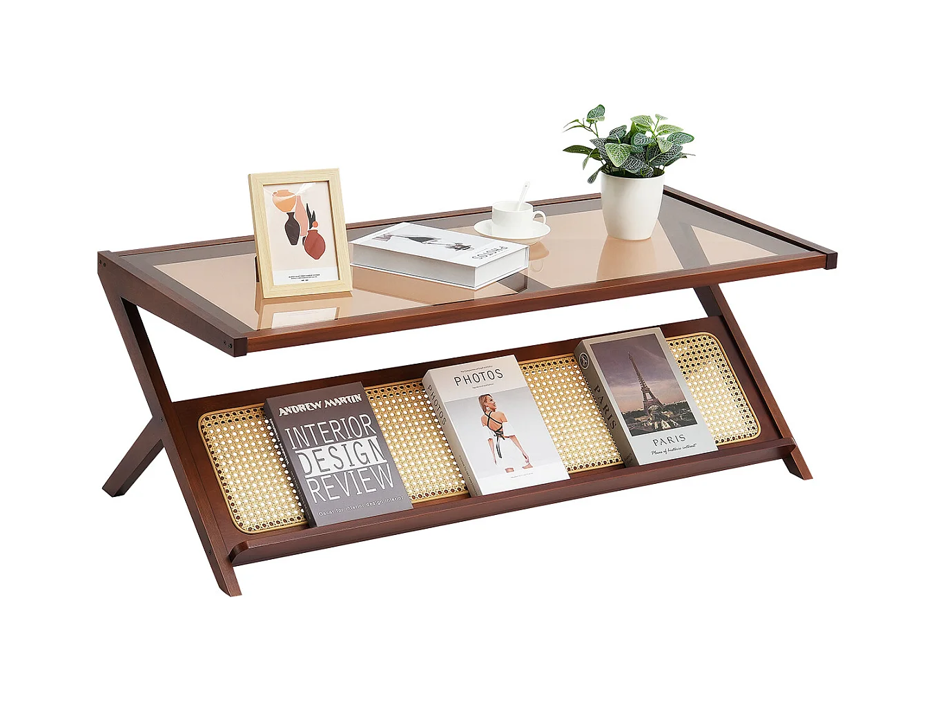 Table Basse en Rotin SucceBuy, Design en Z à 1 Niveau pour Une Utilisation, Table de Rangement Bohème Moderne, Pieds en Bambou Naturel pour Salon