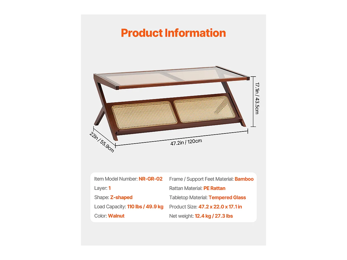 Table Basse en Rotin SucceBuy, Design en Z à 1 Niveau pour Une Utilisation, Table de Rangement Bohème Moderne, Pieds en Bambou Naturel pour Salon