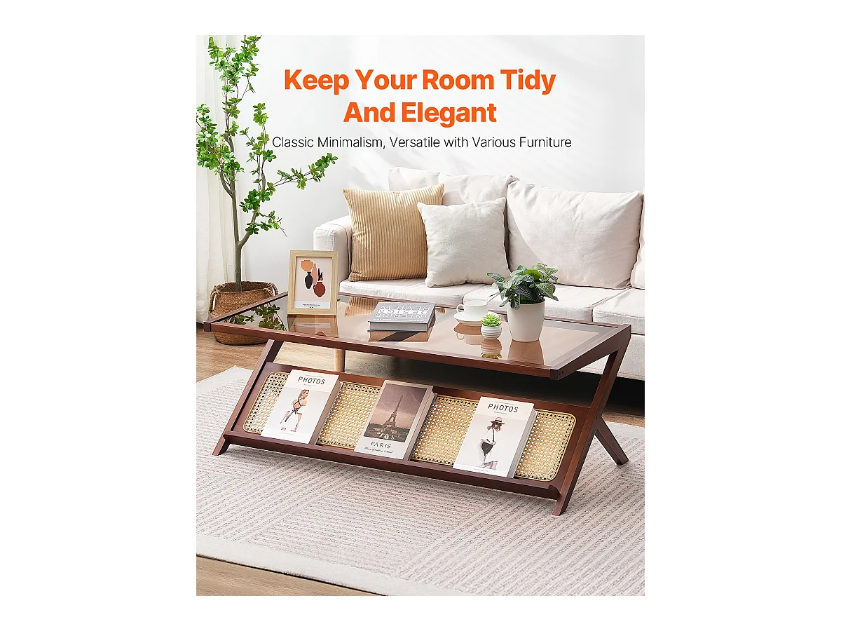 Table Basse en Rotin SucceBuy, Design en Z à 1 Niveau pour Une Utilisation, Table de Rangement Bohème Moderne, Pieds en Bambou Naturel pour Salon