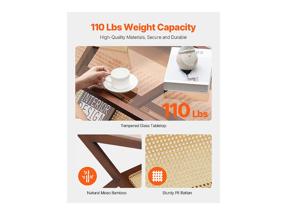 Table Basse en Rotin SucceBuy, Design en Z à 1 Niveau pour Une Utilisation, Table de Rangement Bohème Moderne, Pieds en Bambou Naturel pour Salon