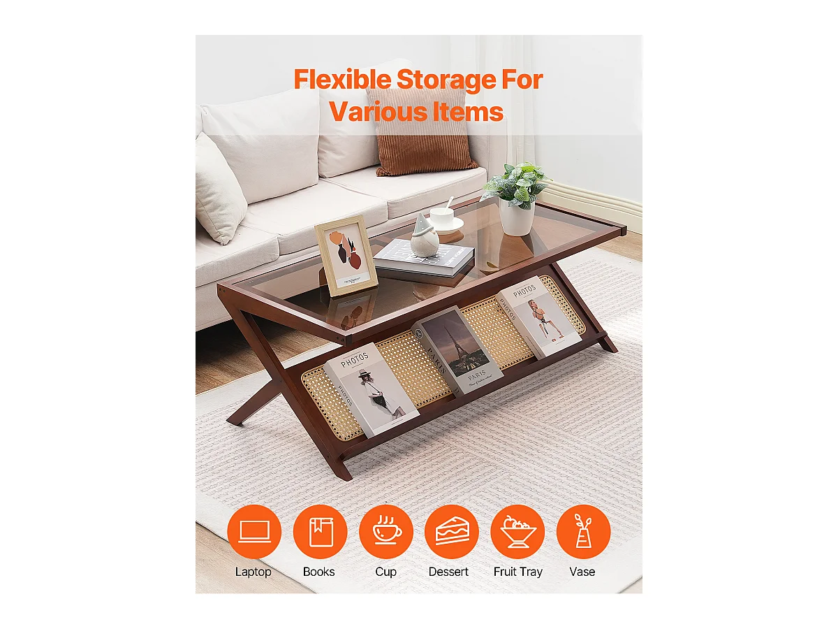 Table Basse en Rotin SucceBuy, Design en Z à 1 Niveau pour Une Utilisation, Table de Rangement Bohème Moderne, Pieds en Bambou Naturel pour Salon