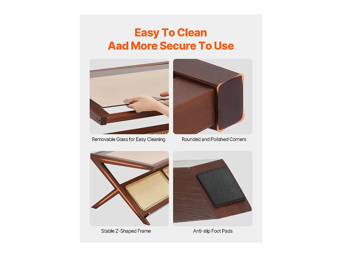 Table Basse en Rotin SucceBuy, Design en Z à 1 Niveau pour Une Utilisation, Table de Rangement Bohème Moderne, Pieds en Bambou Naturel pour Salon