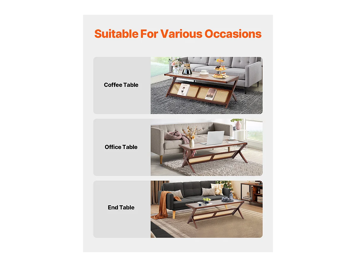 Table Basse en Rotin SucceBuy, Design en Z à 1 Niveau pour Une Utilisation, Table de Rangement Bohème Moderne, Pieds en Bambou Naturel pour Salon