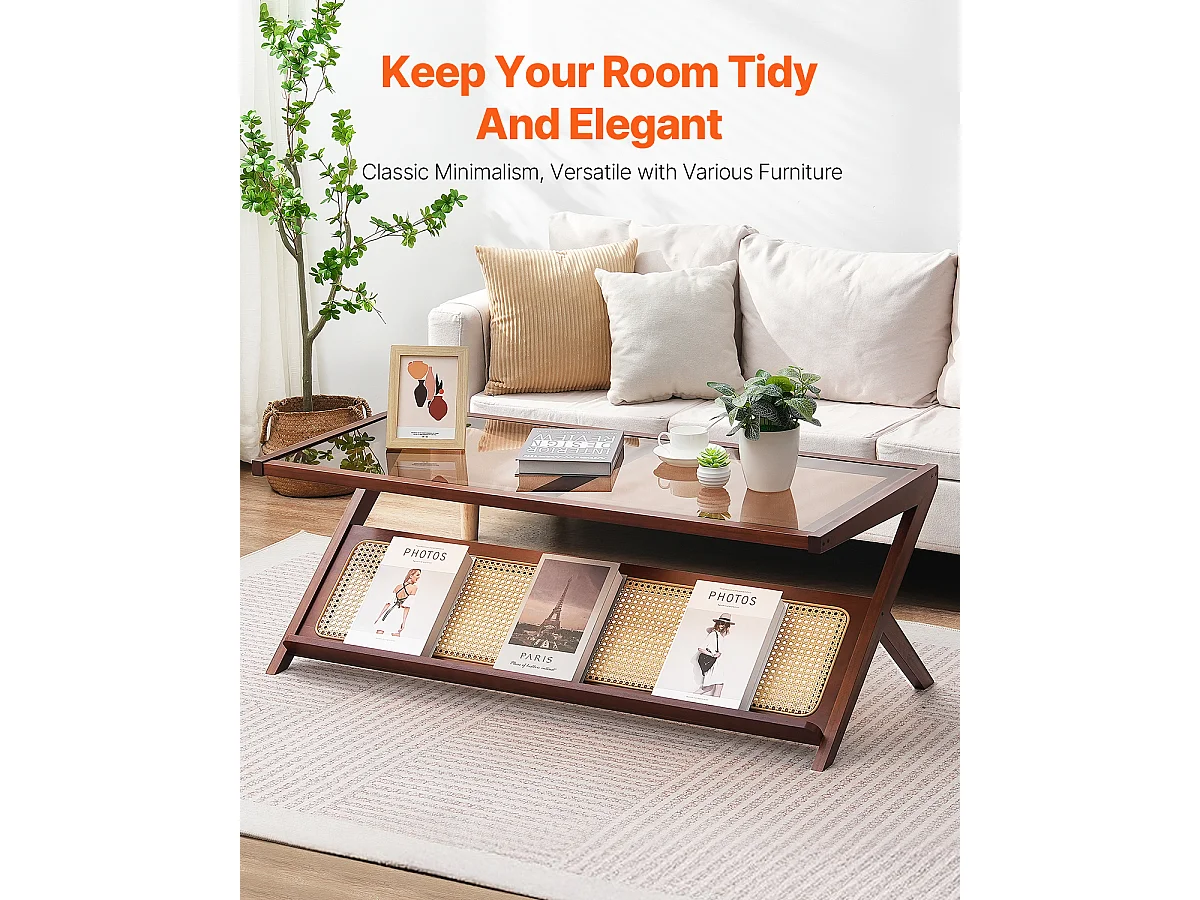 Rattan-Couchtisch SucceBuy, Z-Design mit 1 Ebene für Eine Nutzung, Moderner Bohème Aufbewahrungstisch, Naturbambusbeine für Wohnzimmer