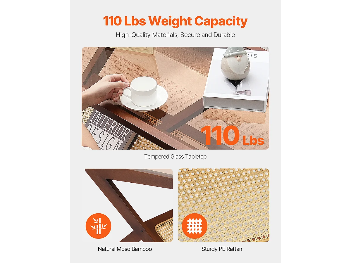 Rattan-Couchtisch SucceBuy, Z-Design mit 1 Ebene für Eine Nutzung, Moderner Bohème Aufbewahrungstisch, Naturbambusbeine für Wohnzimmer