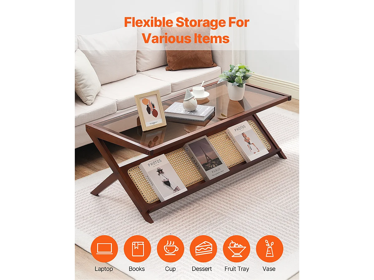 Rattan-Couchtisch SucceBuy, Z-Design mit 1 Ebene für Eine Nutzung, Moderner Bohème Aufbewahrungstisch, Naturbambusbeine für Wohnzimmer