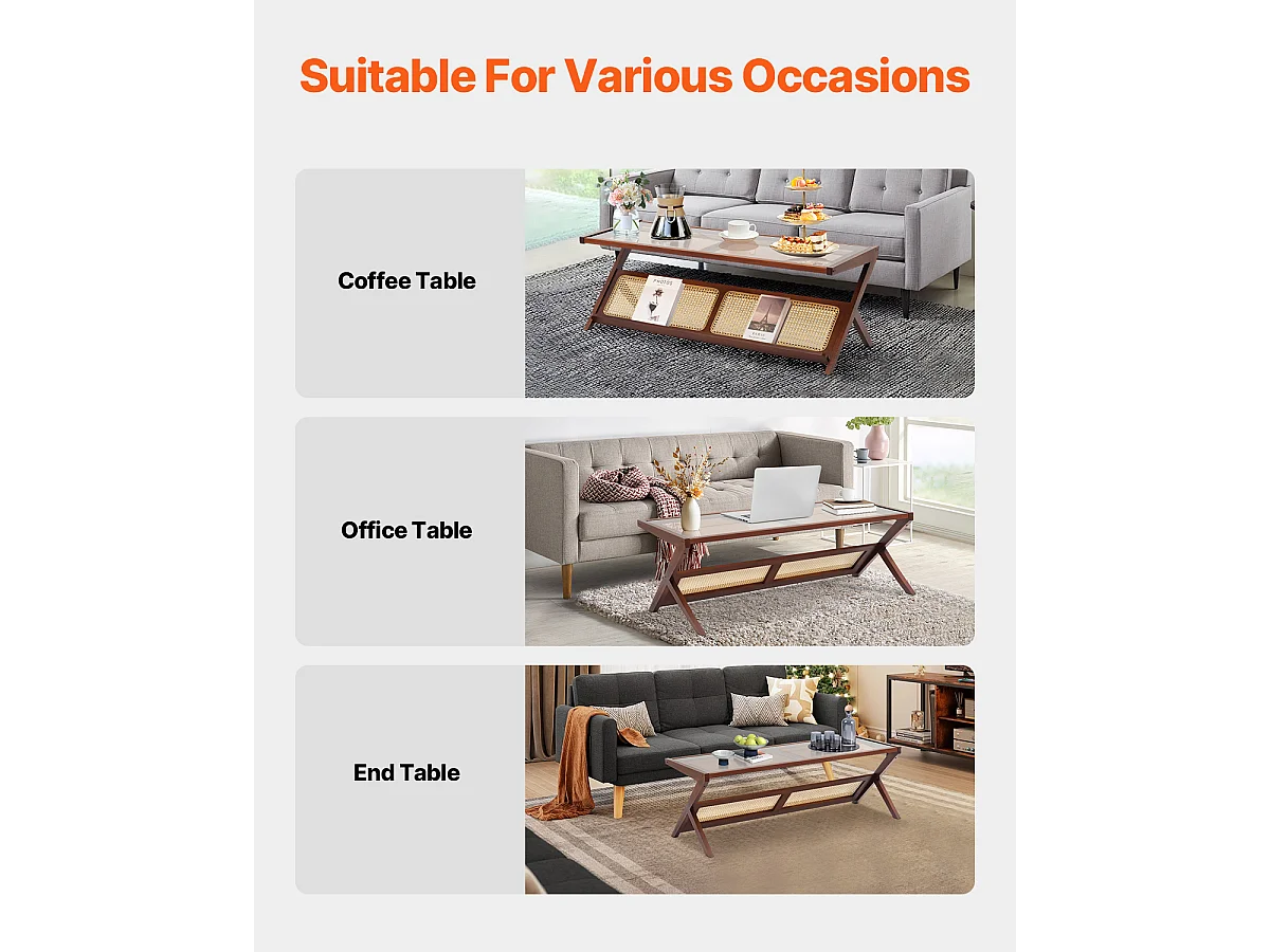 Rattan-Couchtisch SucceBuy, Z-Design mit 1 Ebene für Eine Nutzung, Moderner Bohème Aufbewahrungstisch, Naturbambusbeine für Wohnzimmer