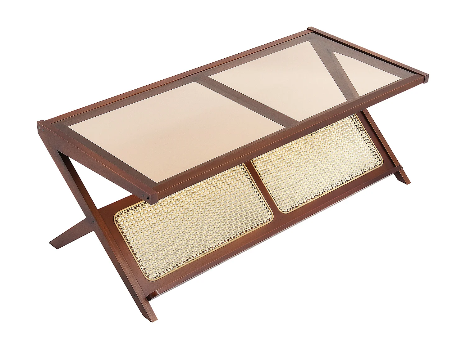 Rattan-Couchtisch SucceBuy, Z-Design mit 1 Ebene für Eine Nutzung, Moderner Bohème Aufbewahrungstisch, Naturbambusbeine für Wohnzimmer