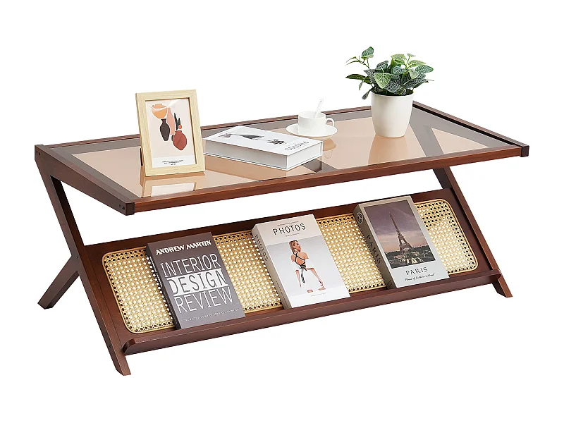 Rattan-Couchtisch SucceBuy, Z-Design mit 1 Ebene für Eine Nutzung, Moderner Bohème Aufbewahrungstisch, Naturbambusbeine für Wohnzimmer