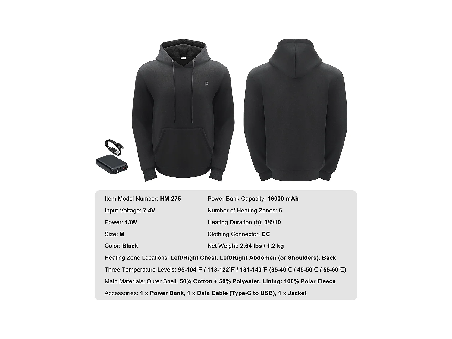 Sweat à Capuche Chauffant SucceBuy, 7,4 V, Sweat-Shirt Électrique Unisexe, 5 Zones de Chauffage, Taille M, Noir