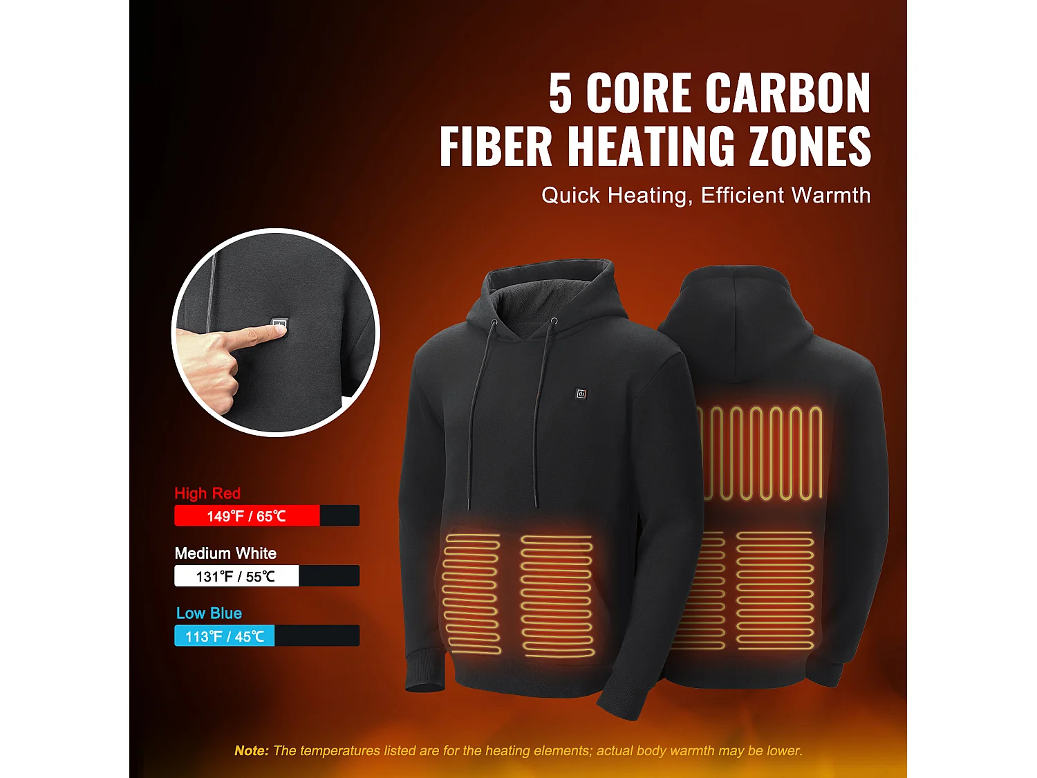 Sweat à Capuche Chauffant SucceBuy, 7,4 V, Sweat-Shirt Électrique Unisexe, 5 Zones de Chauffage, Taille M, Noir