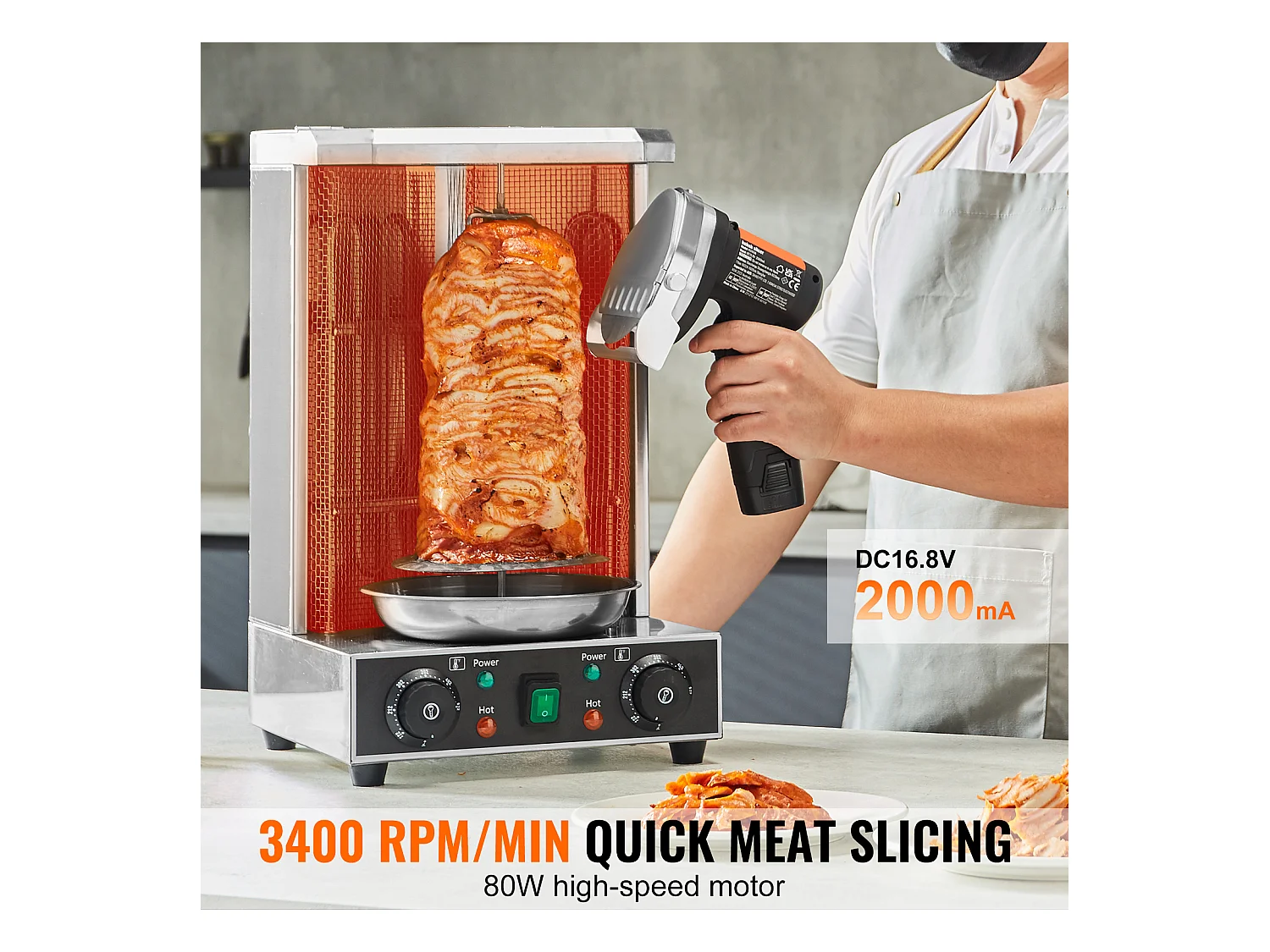 Elektrisch Shawarma Mes SucceBuy, Turkse Doner Kebab Snijder, 80 W Draadloos, Turks Professioneel, Gyro Snijder van RVS, 2 Bladen