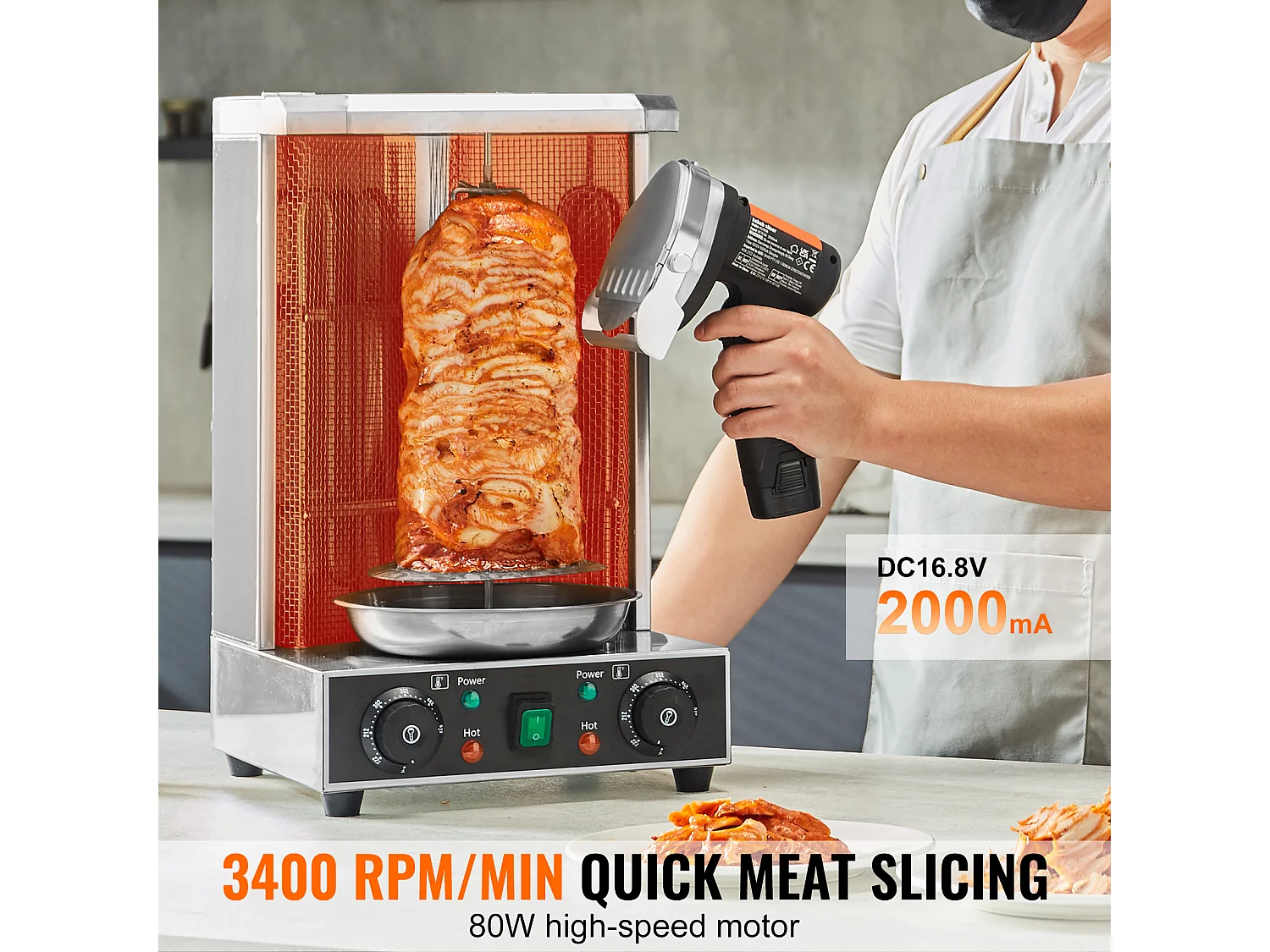 Couteau Shawarma Électrique SucceBuy, Coupe-Kebab Turc Doner, 80 W sans Fil, Turc Professionnel, Coupe Gyroscopique en Acier Inoxydable, 2 Lames