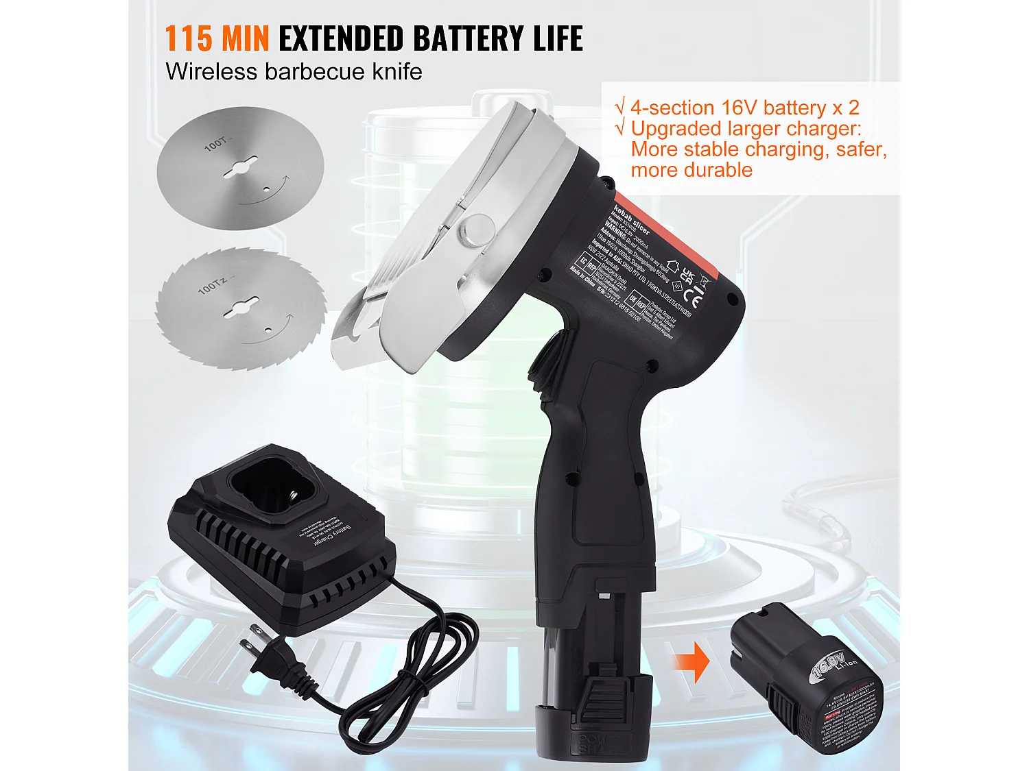 Couteau Shawarma Électrique SucceBuy, Coupe-Kebab Turc Doner, 80 W sans Fil, Turc Professionnel, Coupe Gyroscopique en Acier Inoxydable, 2 Lames