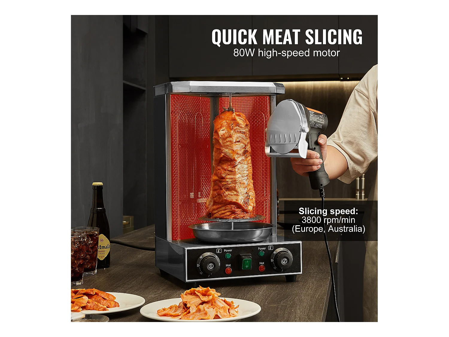 Cuchillo Shawarma Eléctrico SucceBuy, Cortadora Giratoria de Acero Inoxidable, 2 Cuchillas, Grosor Ajustable de 0 a 8 mm, para Rebanar Doner Kebab Comercial