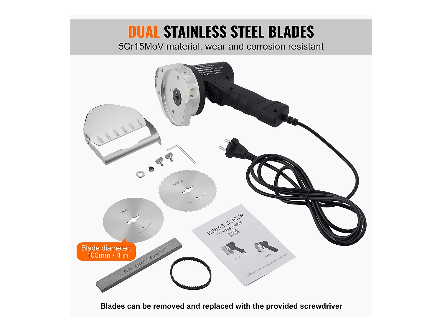 Cuchillo Shawarma Eléctrico SucceBuy, Cortadora Giratoria de Acero Inoxidable, 2 Cuchillas, Grosor Ajustable de 0 a 8 mm, para Rebanar Doner Kebab Comercial