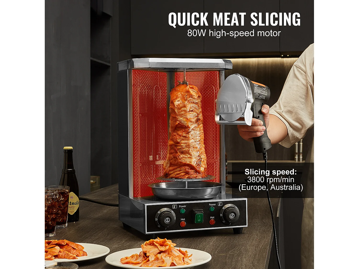 Elektrisch Shawarma Mes SucceBuy, Gyro Snijder van RVS, 2 Bladen, Instelbare Dikte van 0 tot 8 mm, voor het Snijden van Commerciële Doner Kebab