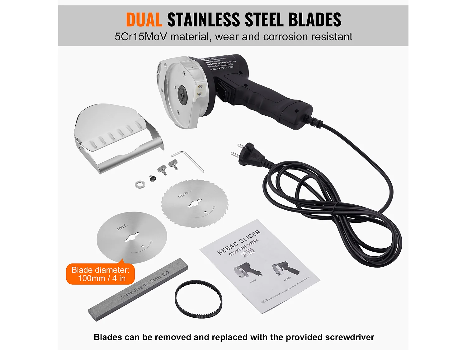 Elektrisch Shawarma Mes SucceBuy, Gyro Snijder van RVS, 2 Bladen, Instelbare Dikte van 0 tot 8 mm, voor het Snijden van Commerciële Doner Kebab