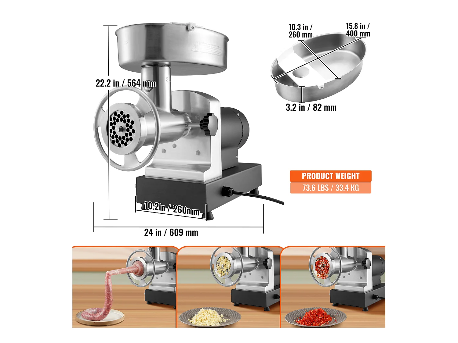 Hachoir à Viande SucceBuy Électrique Robuste, Capacité 1100 W et Poussoir à Saucisses, 450KG/h