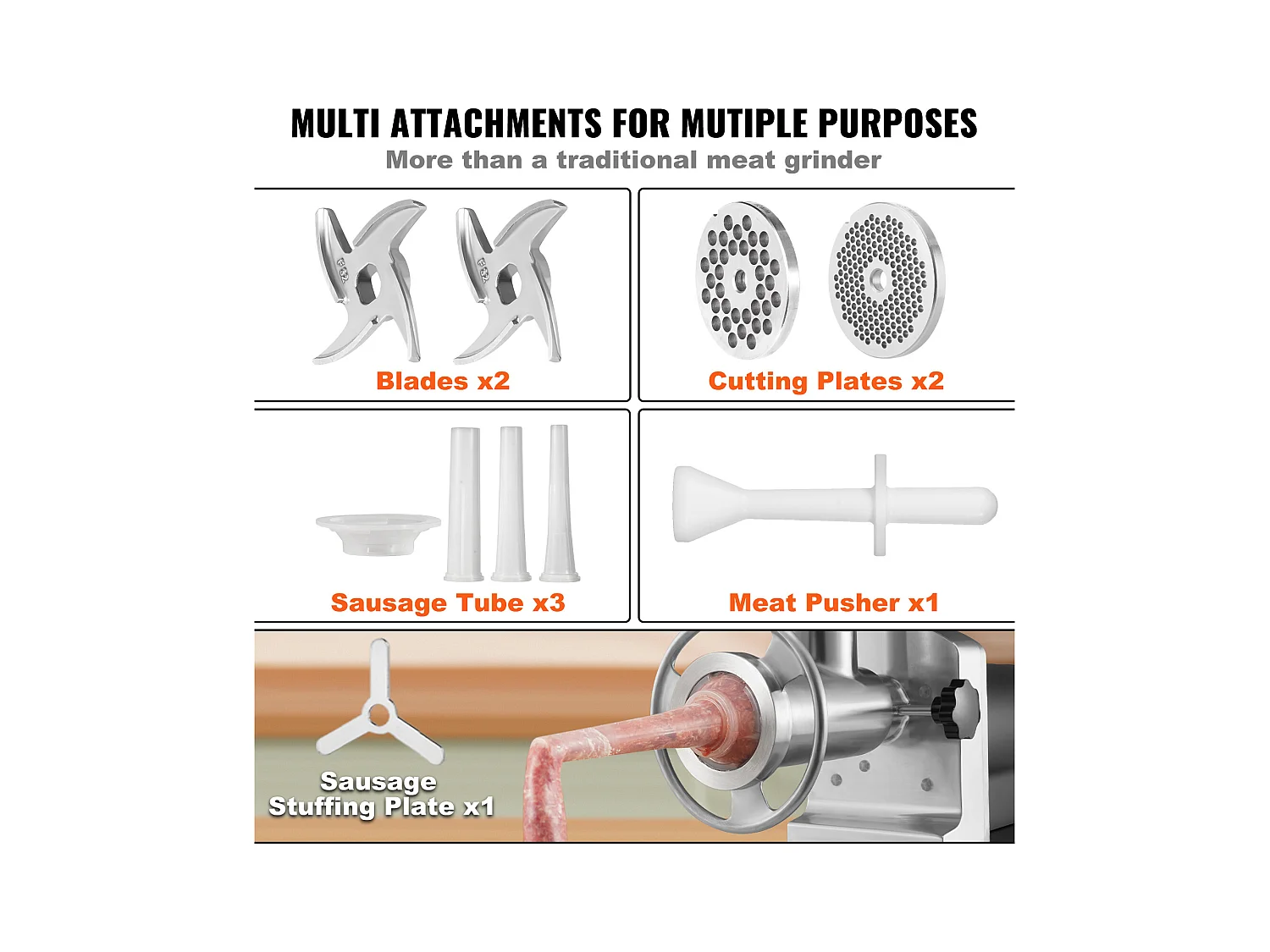 Hachoir à Viande SucceBuy Électrique Robuste, Capacité 1100 W et Poussoir à Saucisses, 450KG/h
