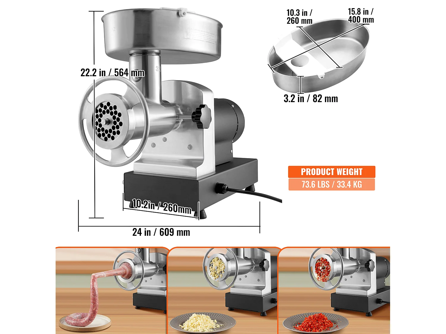 Hachoir à Viande SucceBuy Électrique Robuste, Capacité 1100 W et Poussoir à Saucisses, 450KG/h