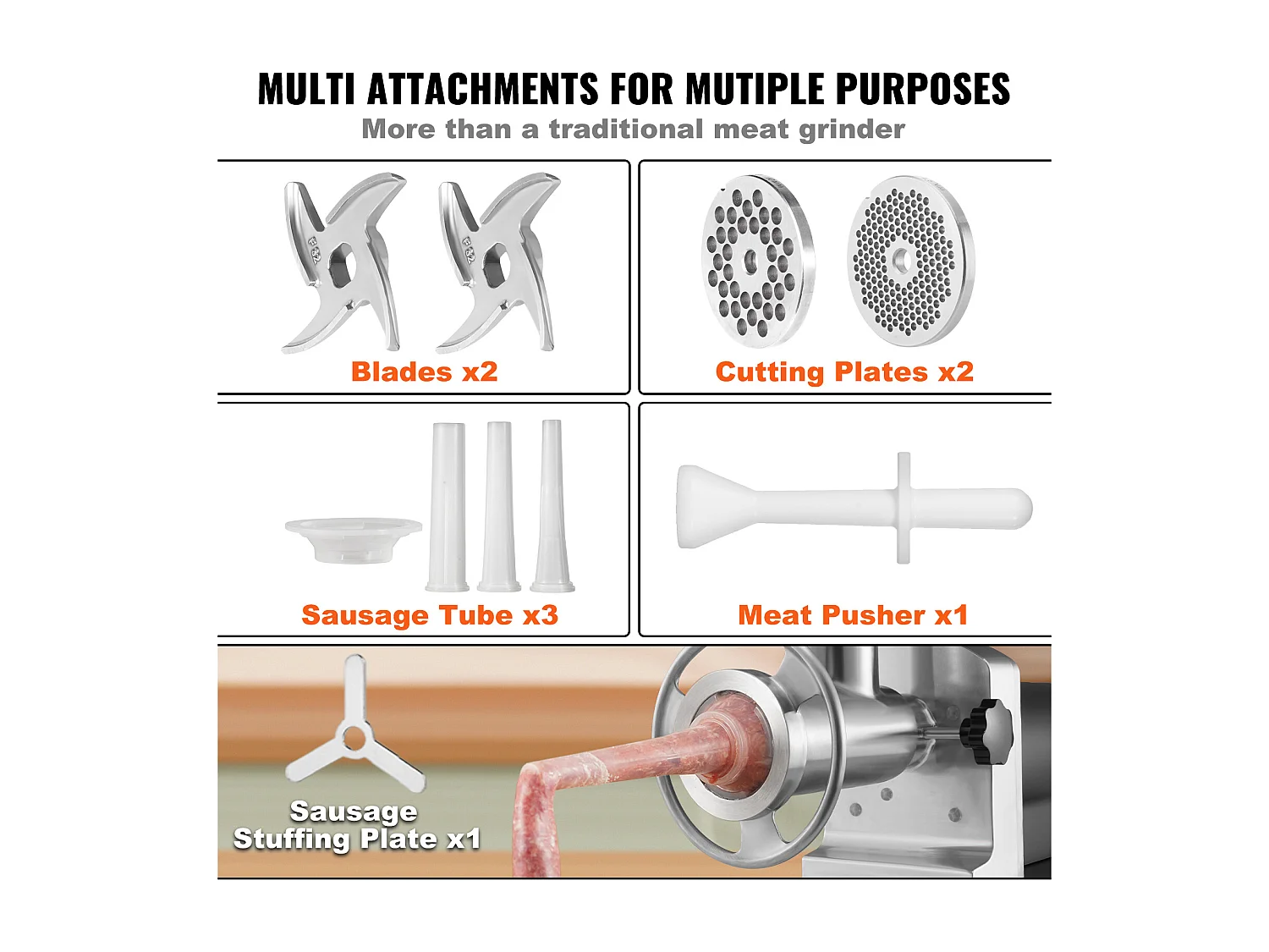 Hachoir à Viande SucceBuy Électrique Robuste, Capacité 1100 W et Poussoir à Saucisses, 450KG/h