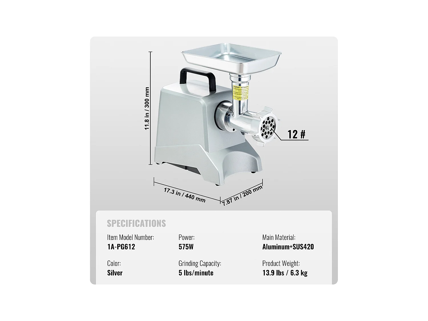 Hachoir à Viande Électrique Commercial SucceBuy d'une Capacité de 2.3KG/min et de 575 W avec Fonction de Farce de Saucisses