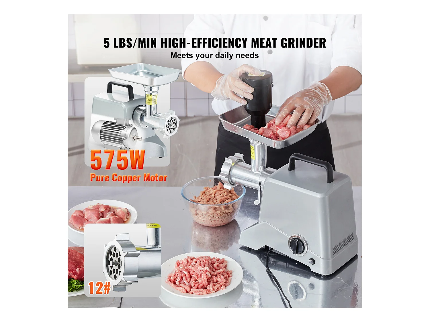 Hachoir à Viande Électrique Commercial SucceBuy d'une Capacité de 2.3KG/min et de 575 W avec Fonction de Farce de Saucisses