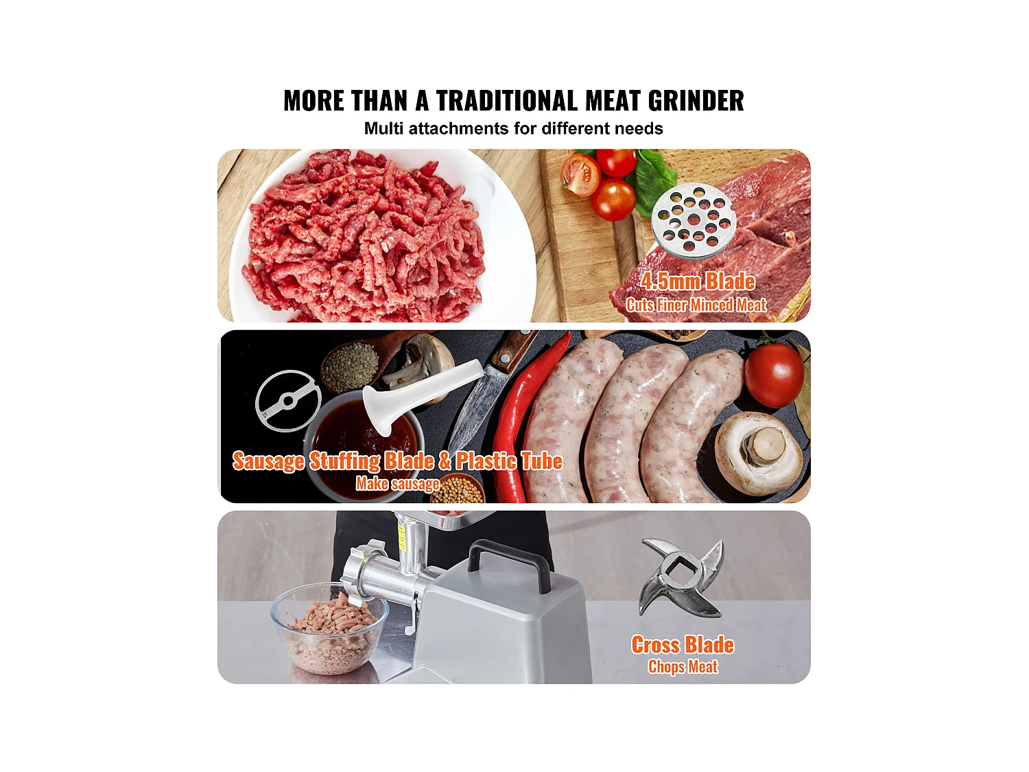 Hachoir à Viande Électrique Commercial SucceBuy d'une Capacité de 2.3KG/min et de 575 W avec Fonction de Farce de Saucisses