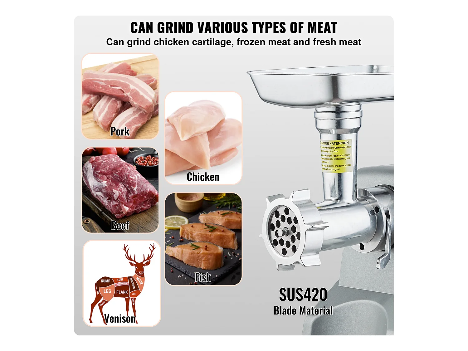 Hachoir à Viande Électrique Commercial SucceBuy d'une Capacité de 2.3KG/min et de 575 W avec Fonction de Farce de Saucisses