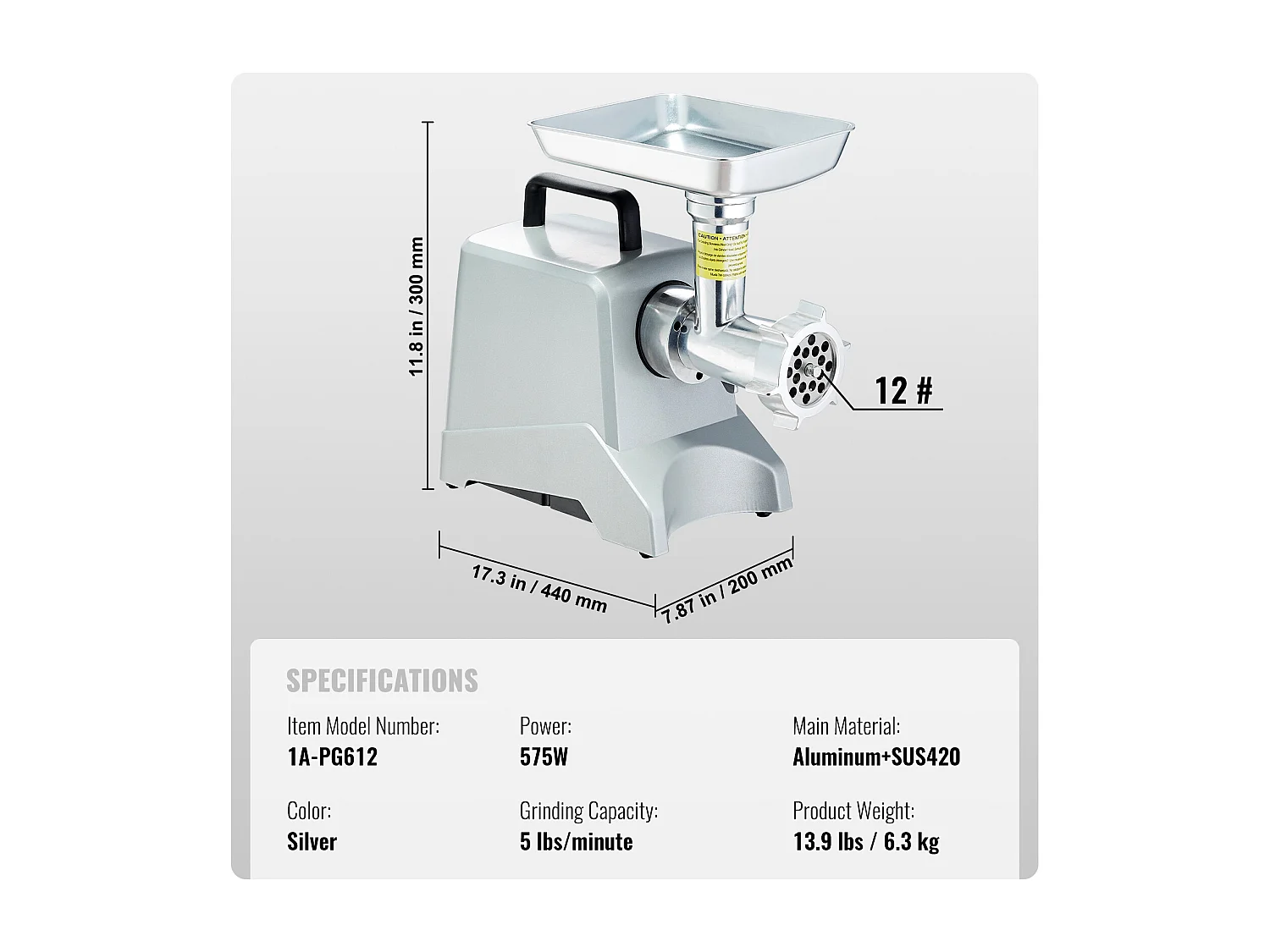 Hachoir à Viande Électrique Commercial SucceBuy d'une Capacité de 2.3KG/min et de 575 W avec Fonction de Farce de Saucisses