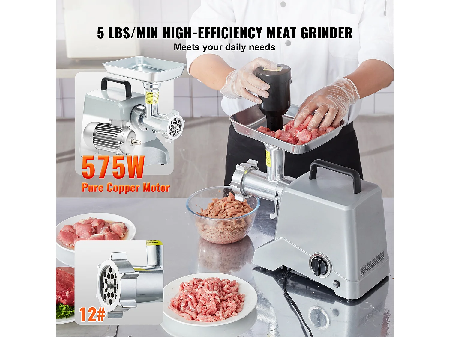 Hachoir à Viande Électrique Commercial SucceBuy d'une Capacité de 2.3KG/min et de 575 W avec Fonction de Farce de Saucisses