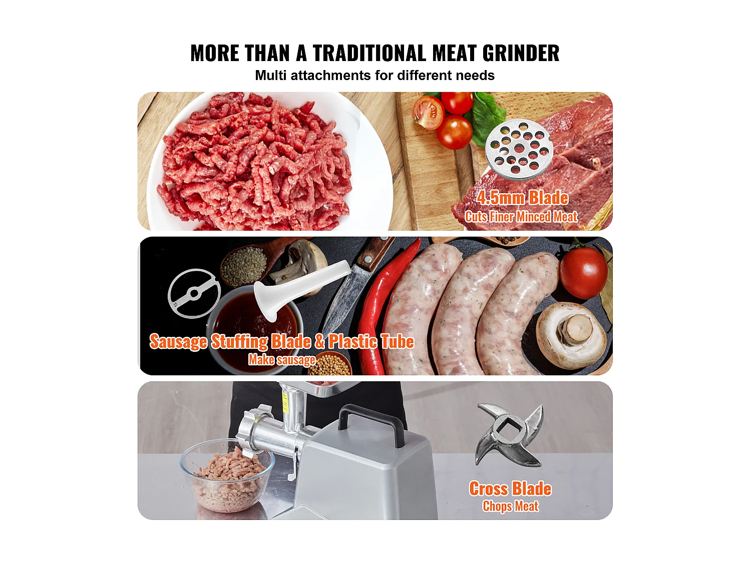 Hachoir à Viande Électrique Commercial SucceBuy d'une Capacité de 2.3KG/min et de 575 W avec Fonction de Farce de Saucisses